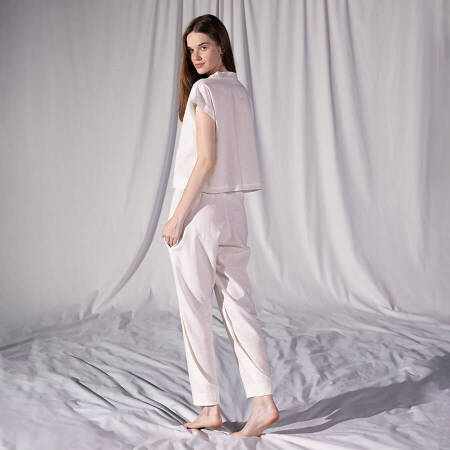 %100 Keten Kısa Kol Bluz Ekru S-M - Serli Keçoğlu Koleksiyonu - 3