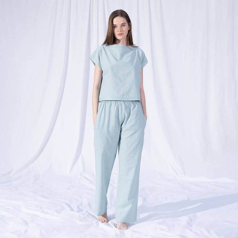 %100 Keten Kısa Kol Bluz Mint L-XL - Serli Keçoğlu Koleksiyonu - Penelope