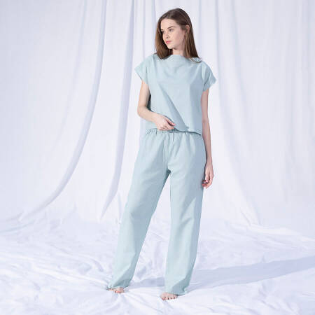 %100 Keten Kısa Kol Bluz Mint L-XL - Serli Keçoğlu Koleksiyonu - 2