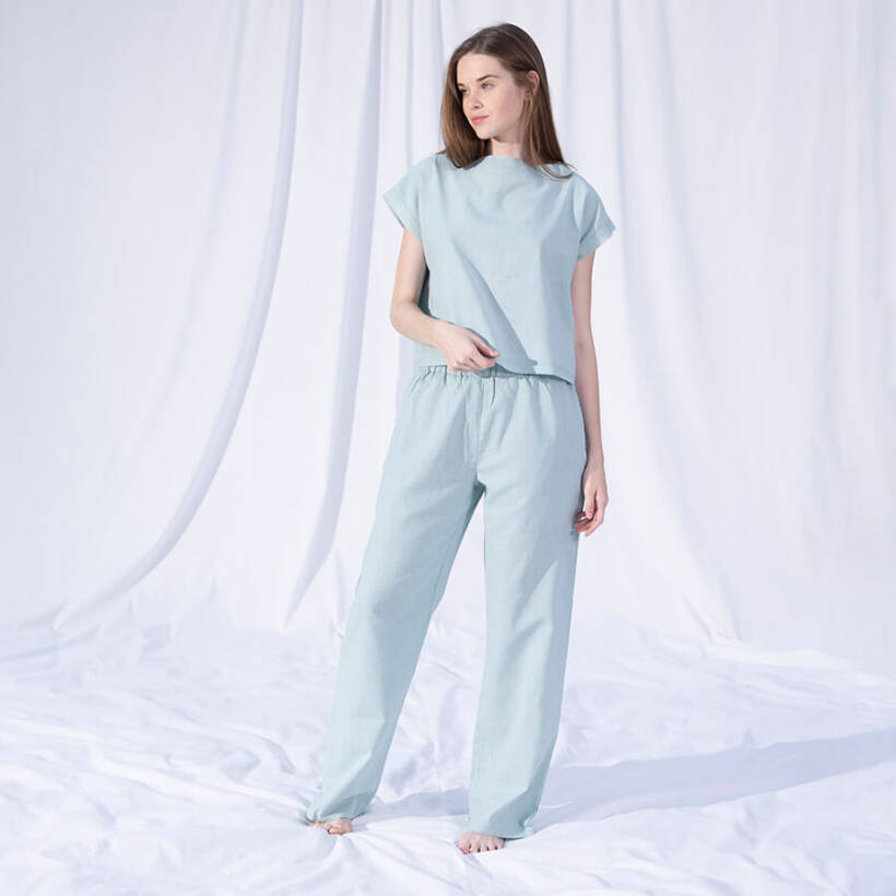 %100 Keten Kısa Kol Bluz Mint L-XL - Serli Keçoğlu Koleksiyonu - 