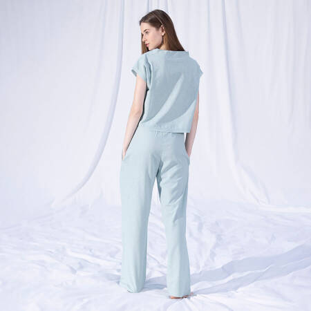 %100 Keten Kısa Kol Bluz Mint L-XL - Serli Keçoğlu Koleksiyonu - 4