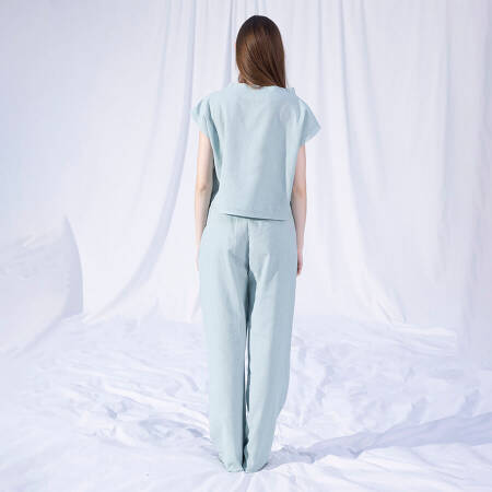 %100 Keten Kısa Kol Bluz Mint L-XL - Serli Keçoğlu Koleksiyonu - 5