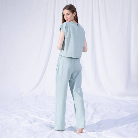 %100 Keten Kısa Kol Bluz Mint S-M - Serli Keçoğlu Koleksiyonu - 3