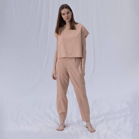 %100 Keten Kısa Kol Bluz Somon L-XL - Serli Keçoğlu Koleksiyonu - 1