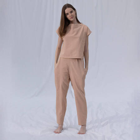 %100 Keten Kısa Kol Bluz Somon L-XL - Serli Keçoğlu Koleksiyonu - 2