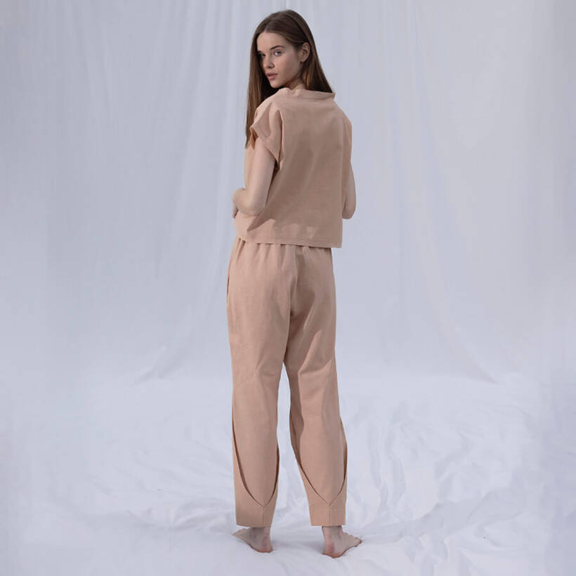 %100 Keten Kısa Kol Bluz Somon L-XL - Serli Keçoğlu Koleksiyonu - 
