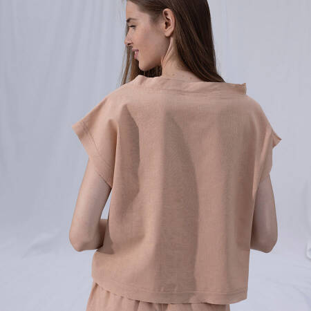 %100 Keten Kısa Kol Bluz Somon L-XL - Serli Keçoğlu Koleksiyonu - 4