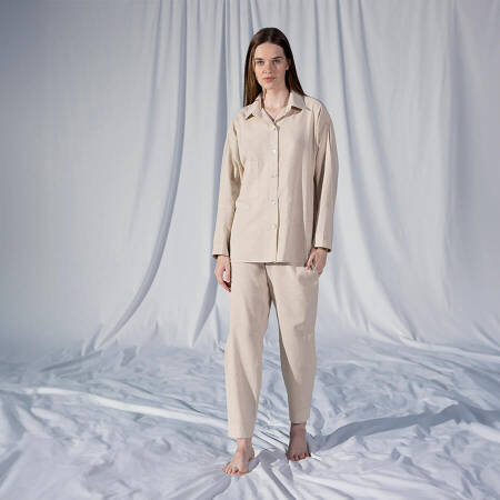 %100 Keten Uzun Kollu Gömlek Ekru S-M - Serli Keçoğlu Koleksiyonu - 1