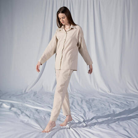 %100 Keten Uzun Kollu Gömlek Ekru S-M - Serli Keçoğlu Koleksiyonu - 2