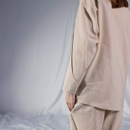 %100 Keten Uzun Kollu Gömlek Ekru S-M - Serli Keçoğlu Koleksiyonu - 3