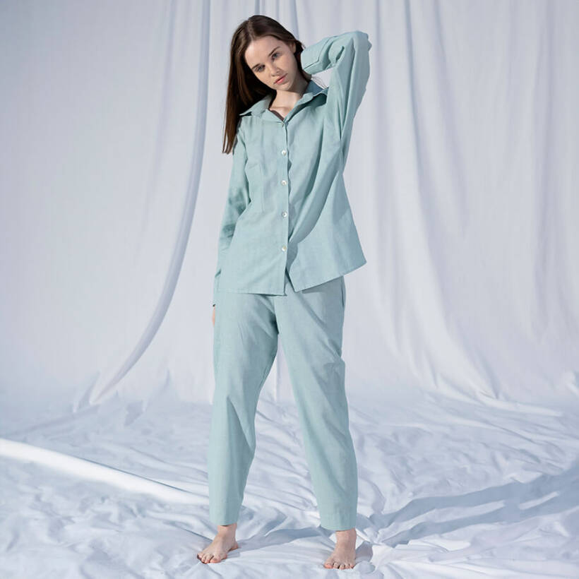 %100 Keten Uzun Kollu Gömlek Mint S-M - Serli Keçoğlu Koleksiyonu - Penelope