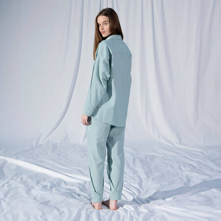 %100 Keten Uzun Kollu Gömlek Mint S-M - Serli Keçoğlu Koleksiyonu - 2