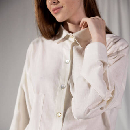 %100 Keten Uzun Kollu Gömlek Somon L-XL - Serli Keçoğlu Koleksiyonu - 4