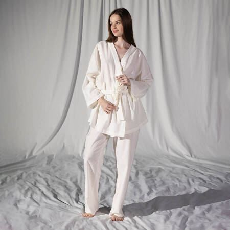 %100 Keten Uzun Kollu Kimono Beyaz S-M - Serli Keçoğlu Koleksiyonu - 1