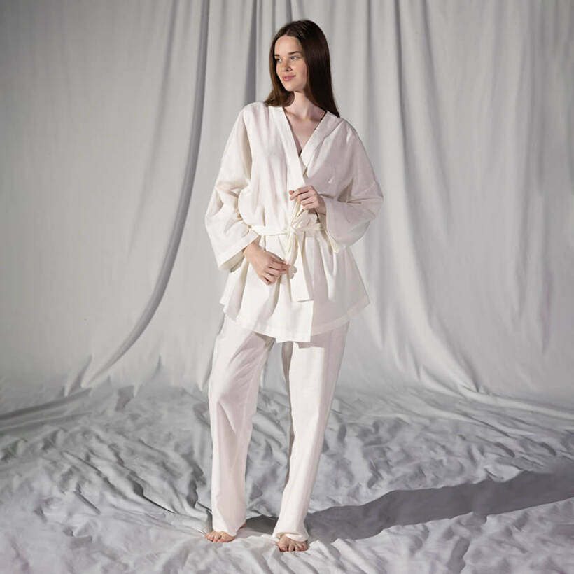 %100 Keten Uzun Kollu Kimono Beyaz S-M - Serli Keçoğlu Koleksiyonu - Penelope