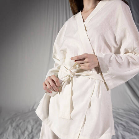 %100 Keten Uzun Kollu Kimono Beyaz S-M - Serli Keçoğlu Koleksiyonu - 5