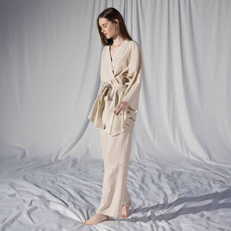 %100 Keten Uzun Kollu Kimono Ekru L-XL - Serli Keçoğlu Koleksiyonu - Penelope (1)