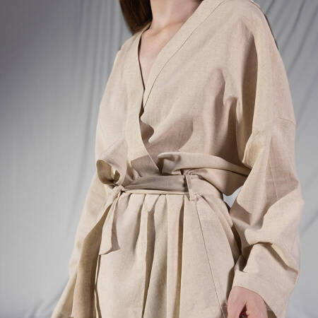 %100 Keten Uzun Kollu Kimono Ekru L-XL - Serli Keçoğlu Koleksiyonu - 5