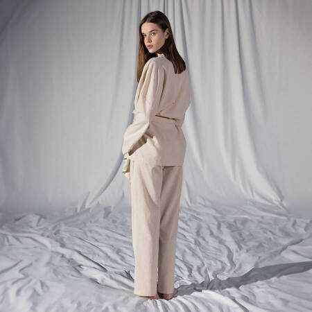 %100 Keten Uzun Kollu Kimono Ekru S-M - Serli Keçoğlu Koleksiyonu - 3