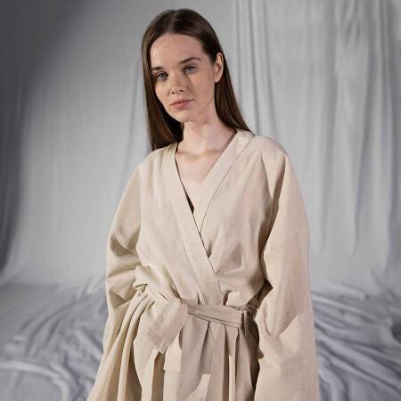 %100 Keten Uzun Kollu Kimono Ekru S-M - Serli Keçoğlu Koleksiyonu - 7