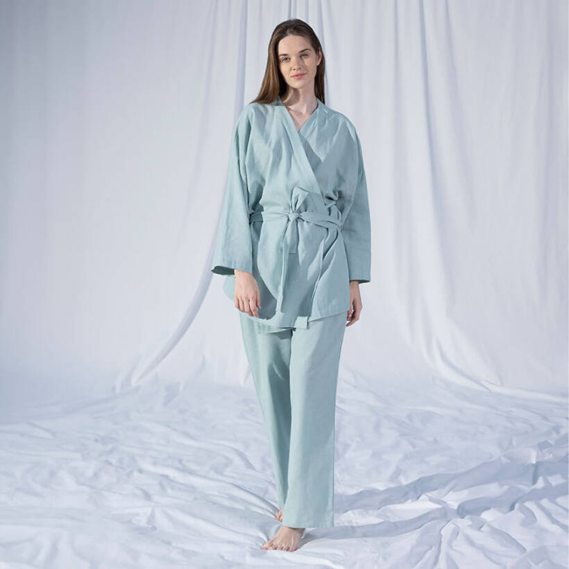 %100 Keten Uzun Kollu Kimono Mint L-XL - Serli Keçoğlu Koleksiyonu - Penelope