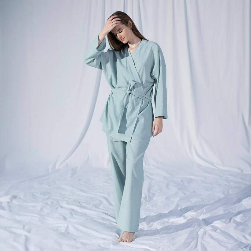 %100 Keten Uzun Kollu Kimono Mint L-XL - Serli Keçoğlu Koleksiyonu - 