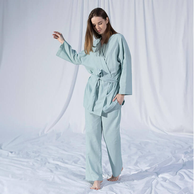 %100 Keten Uzun Kollu Kimono Mint L-XL - Serli Keçoğlu Koleksiyonu - 