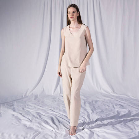 %100 Keten V Yaka Kolsuz Bluz Ekru L-XL - Serli Keçoğlu Koleksiyonu - 1