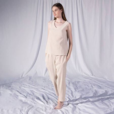 %100 Keten V Yaka Kolsuz Bluz Ekru S-M - Serli Keçoğlu Koleksiyonu - 2