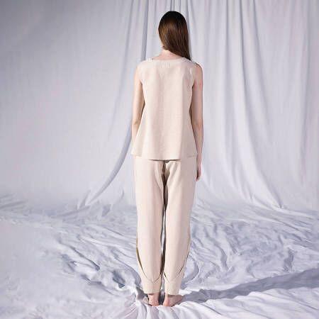 %100 Keten V Yaka Kolsuz Bluz Ekru S-M - Serli Keçoğlu Koleksiyonu - 3