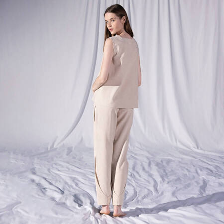 %100 Keten V Yaka Kolsuz Bluz Ekru S-M - Serli Keçoğlu Koleksiyonu - 4