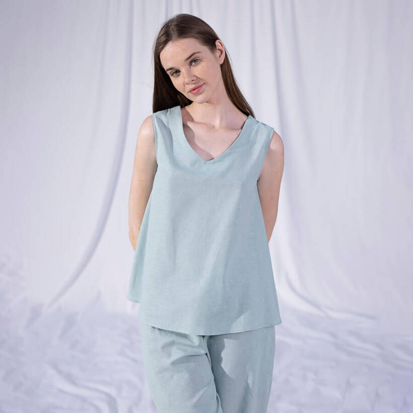 %100 Keten V Yaka Kolsuz Bluz Mint L-XL - Serli Keçoğlu Koleksiyonu - Penelope