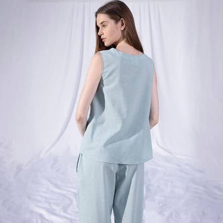 %100 Keten V Yaka Kolsuz Bluz Mint L-XL - Serli Keçoğlu Koleksiyonu - 4