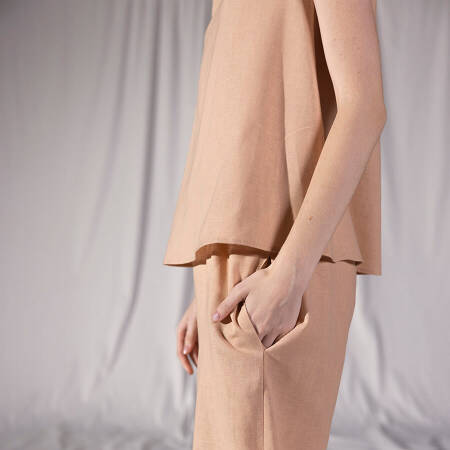 %100 Keten V Yaka Kolsuz Bluz Somon L-XL - Serli Keçoğlu Koleksiyonu - 4