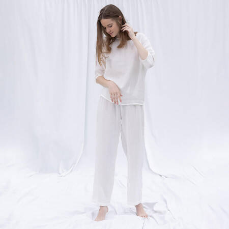 %100 Müslin Pamuk 3/4 Kol Bluz Beyaz L-XL - Serli Keçoğlu Koleksiyonu - 3