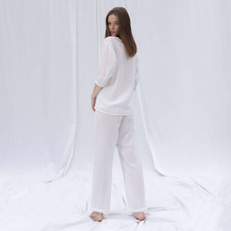 %100 Müslin Pamuk 3/4 Kol Bluz Beyaz L-XL - Serli Keçoğlu Koleksiyonu - 6