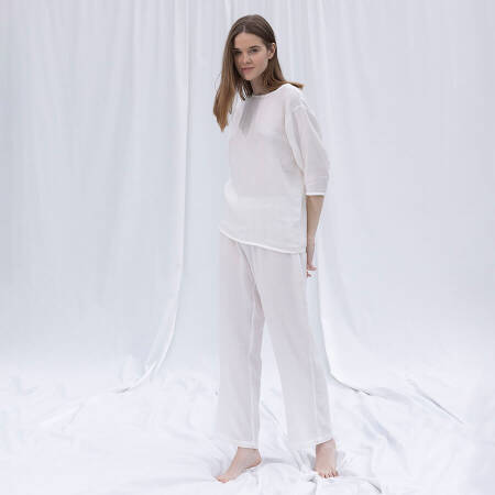 %100 Müslin Pamuk 3/4 Kol Bluz Beyaz S-M - Serli Keçoğlu Koleksiyonu - 5