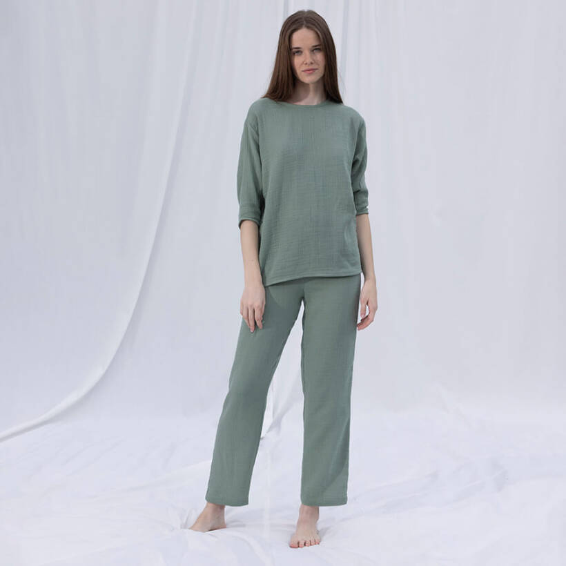 %100 Müslin Pamuk 3/4 Kol Bluz Çağla L-XL - Serli Keçoğlu Koleksiyonu - Penelope