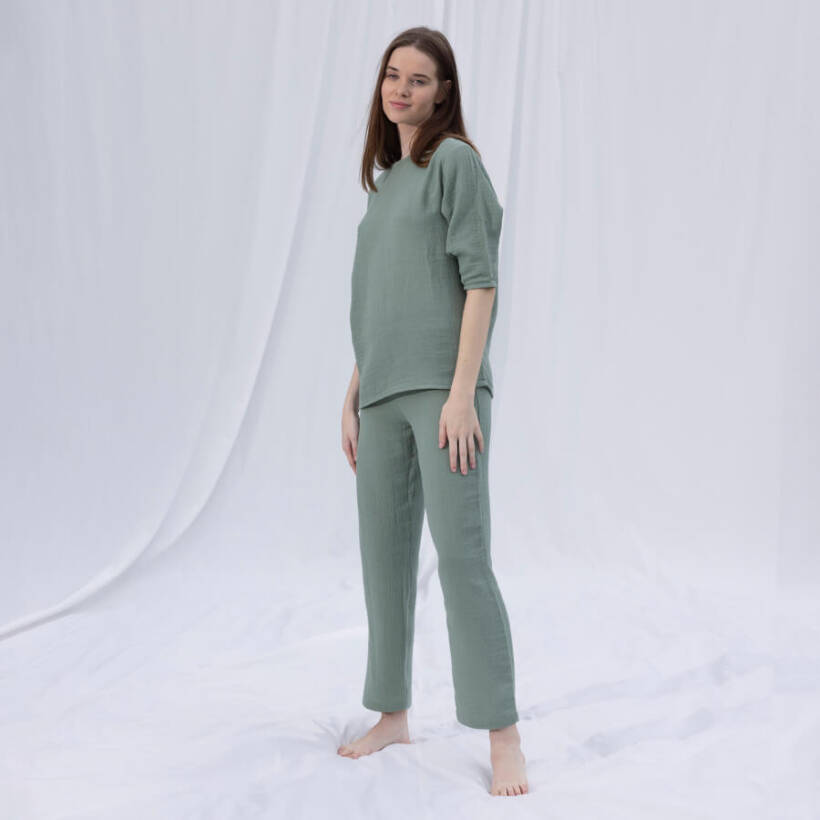 %100 Müslin Pamuk 3/4 Kol Bluz Çağla L-XL - Serli Keçoğlu Koleksiyonu - 