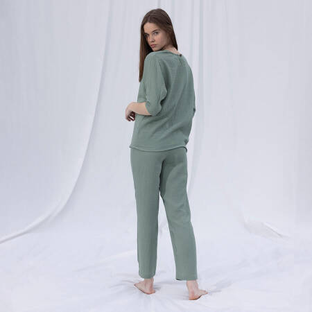 %100 Müslin Pamuk 3/4 Kol Bluz Çağla L-XL - Serli Keçoğlu Koleksiyonu - 3