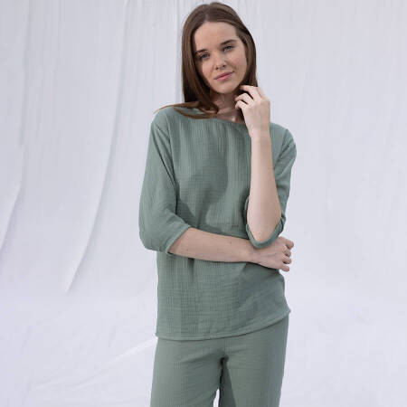 %100 Müslin Pamuk 3/4 Kol Bluz Çağla L-XL - Serli Keçoğlu Koleksiyonu - 4