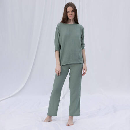 %100 Müslin Pamuk 3/4 Kol Bluz Çağla S-M - Serli Keçoğlu Koleksiyonu - 1