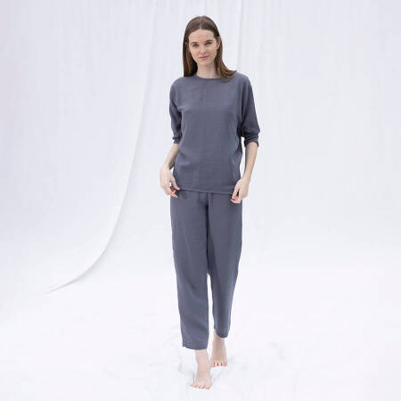 %100 Müslin Pamuk 3/4 Kol Bluz Koyu Gri S-M - Serli Keçoğlu Koleksiyonu - 1