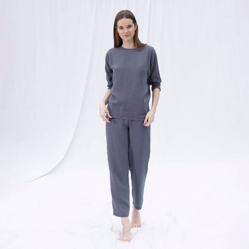 %100 Müslin Pamuk 3/4 Kol Bluz Koyu Gri S-M - Serli Keçoğlu Koleksiyonu - Penelope