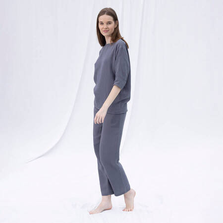 %100 Müslin Pamuk 3/4 Kol Bluz Koyu Gri S-M - Serli Keçoğlu Koleksiyonu - 2