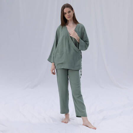 %100 Müslin Pamuk Kruvaze Kimono Kısa Çağla S-M - Serli Keçoğlu Koleksiyonu - 1