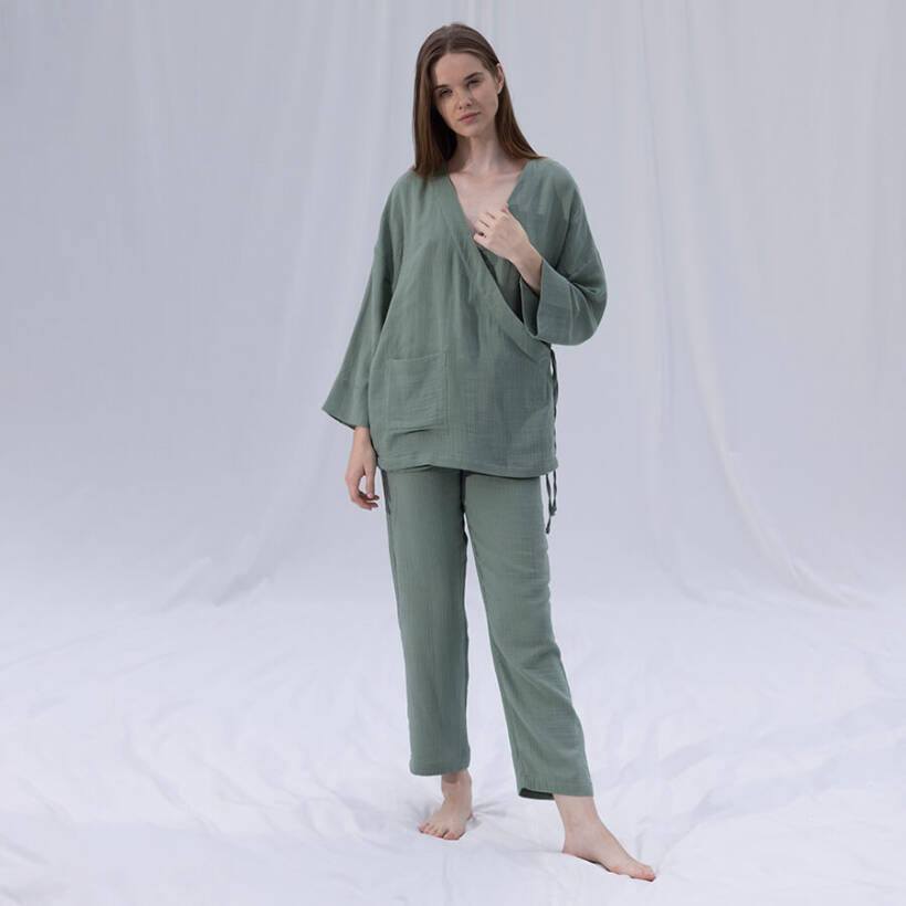 %100 Müslin Pamuk Kruvaze Kimono Kısa Çağla S-M - Serli Keçoğlu Koleksiyonu - Penelope