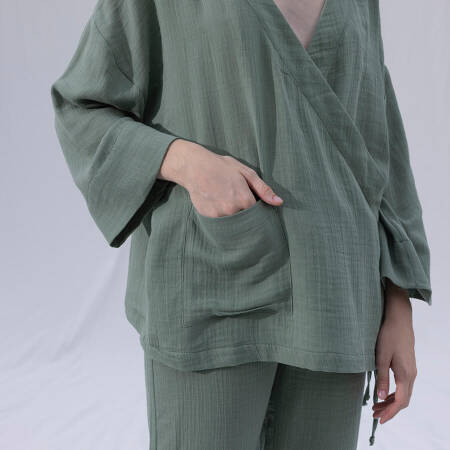 %100 Müslin Pamuk Kruvaze Kimono Kısa Çağla S-M - Serli Keçoğlu Koleksiyonu - 4