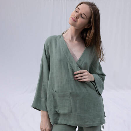 %100 Müslin Pamuk Kruvaze Kimono Kısa Çağla S-M - Serli Keçoğlu Koleksiyonu - 7