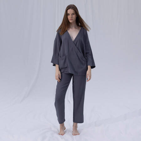 %100 Müslin Pamuk Kruvaze Kimono Kısa Koyu Gri L-XL - Serli Keçoğlu Koleksiyonu - 1